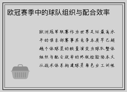欧冠赛季中的球队组织与配合效率