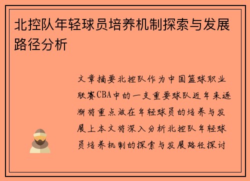 北控队年轻球员培养机制探索与发展路径分析